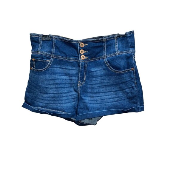 No Boundaries Womens Denim Shorts 19 High Rise Stretch Blue Jean Button Fly Cuff - Picture 1 of 8